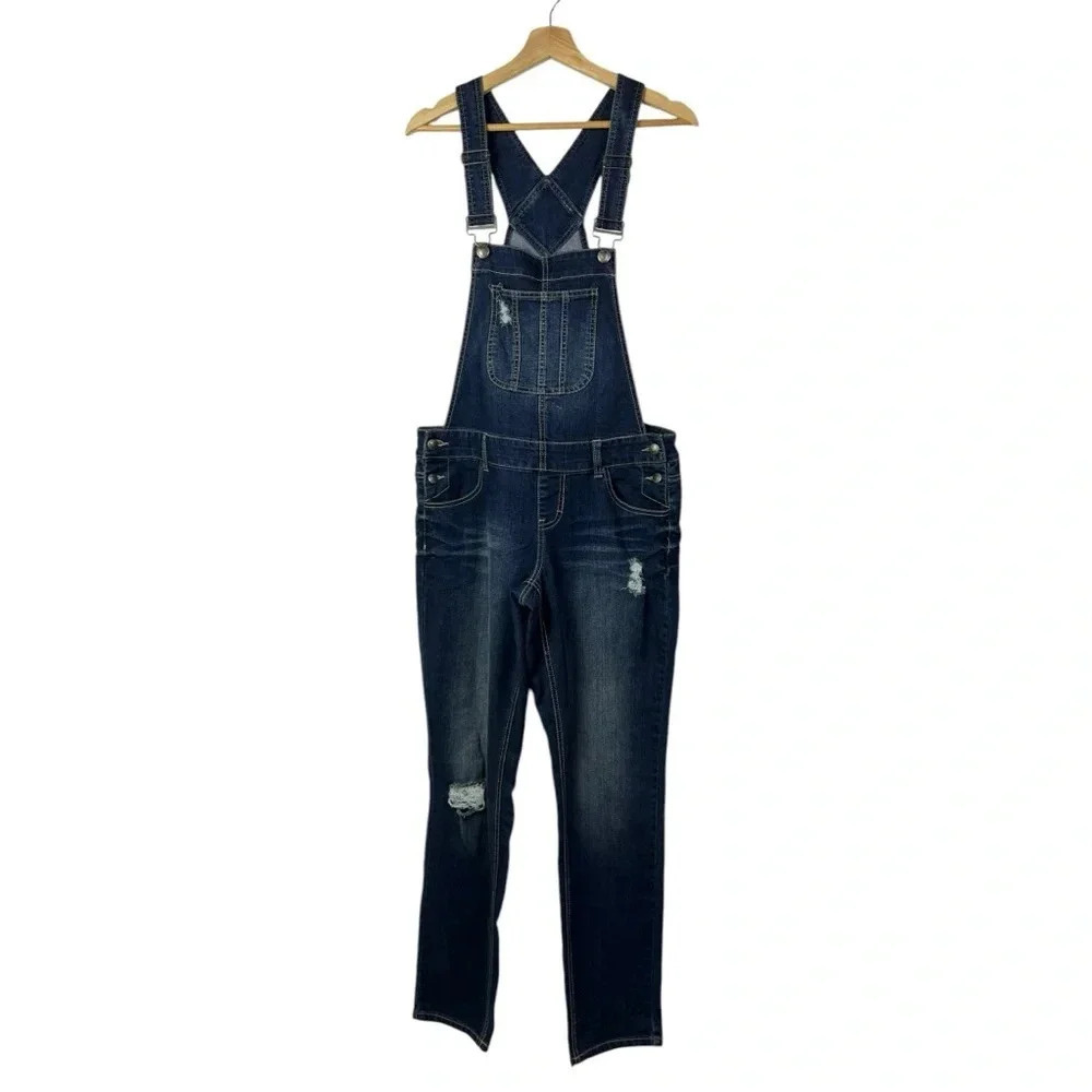 Blue Spice Dark Blue Denim Distressed Straight Leg Overalls 9